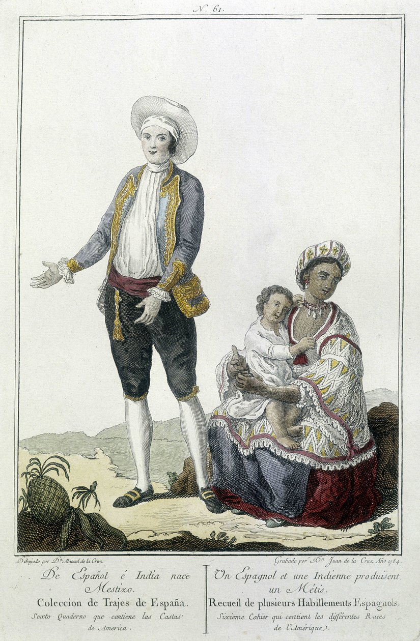 Španěl a Ind porodí Métis - rytina od Unknown artist