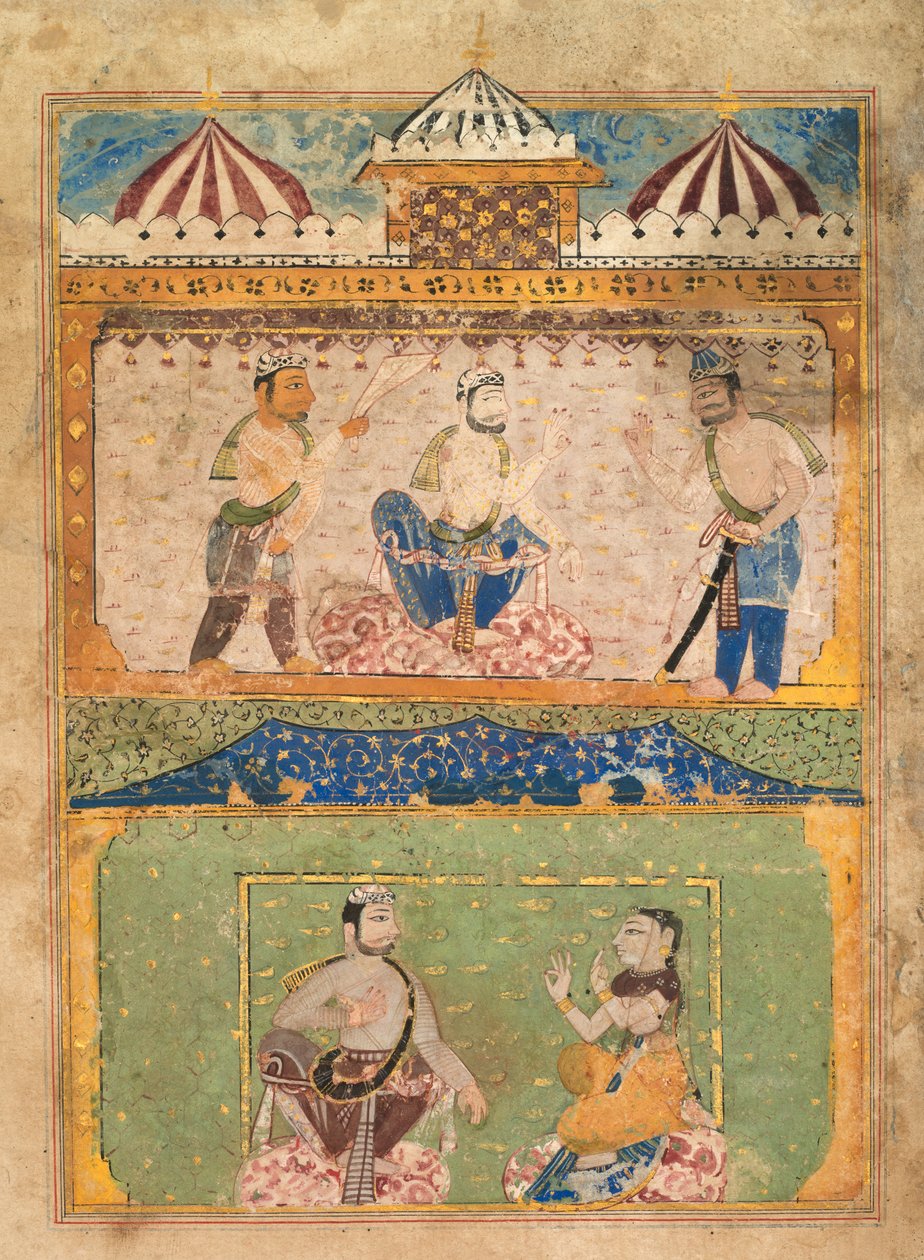 Cestovatel přesvědčuje Lorika, aby se vrátil domů (nahoře); Předměty Chanda (dole), z Chandayany (Příběh Chandy) od Unknown artist