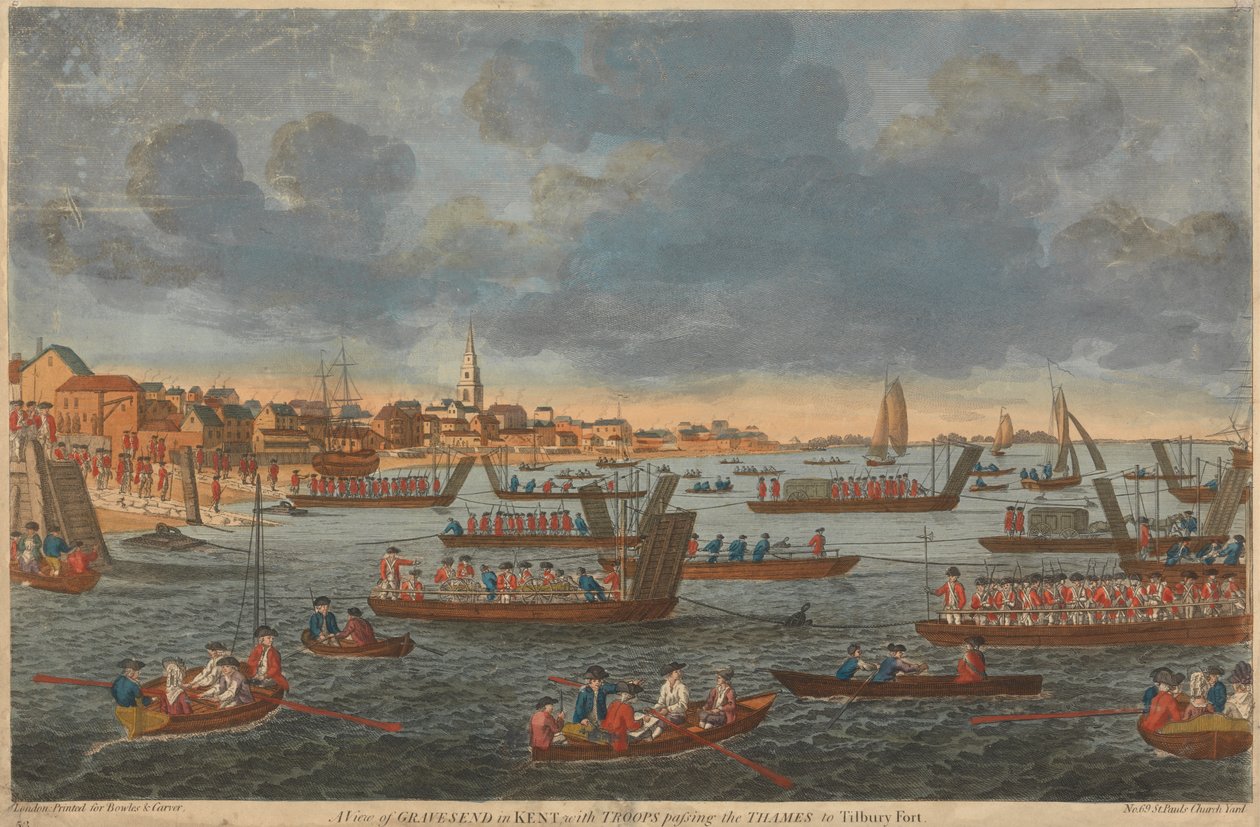 Pohled na Gravesend v Kentu s vojáky procházejícími přes Temži do Tilbury Fort od Unknown artist