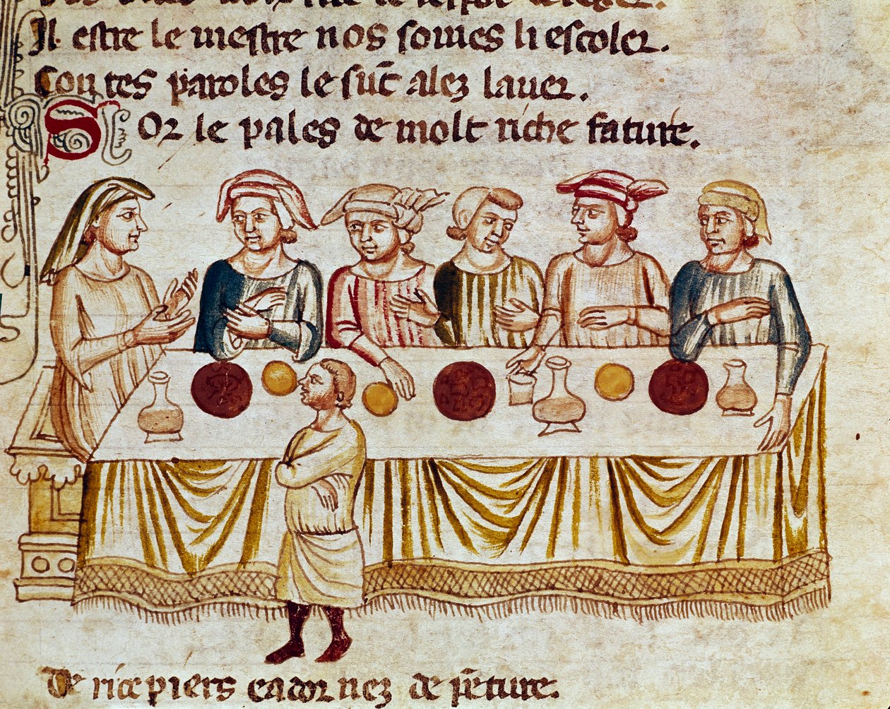 Banketová scéna: král a jeho hosté Miniatura z „“Entree of Spain““. Benátky 14. století, Biblioteca Marciana. od Unknown artist