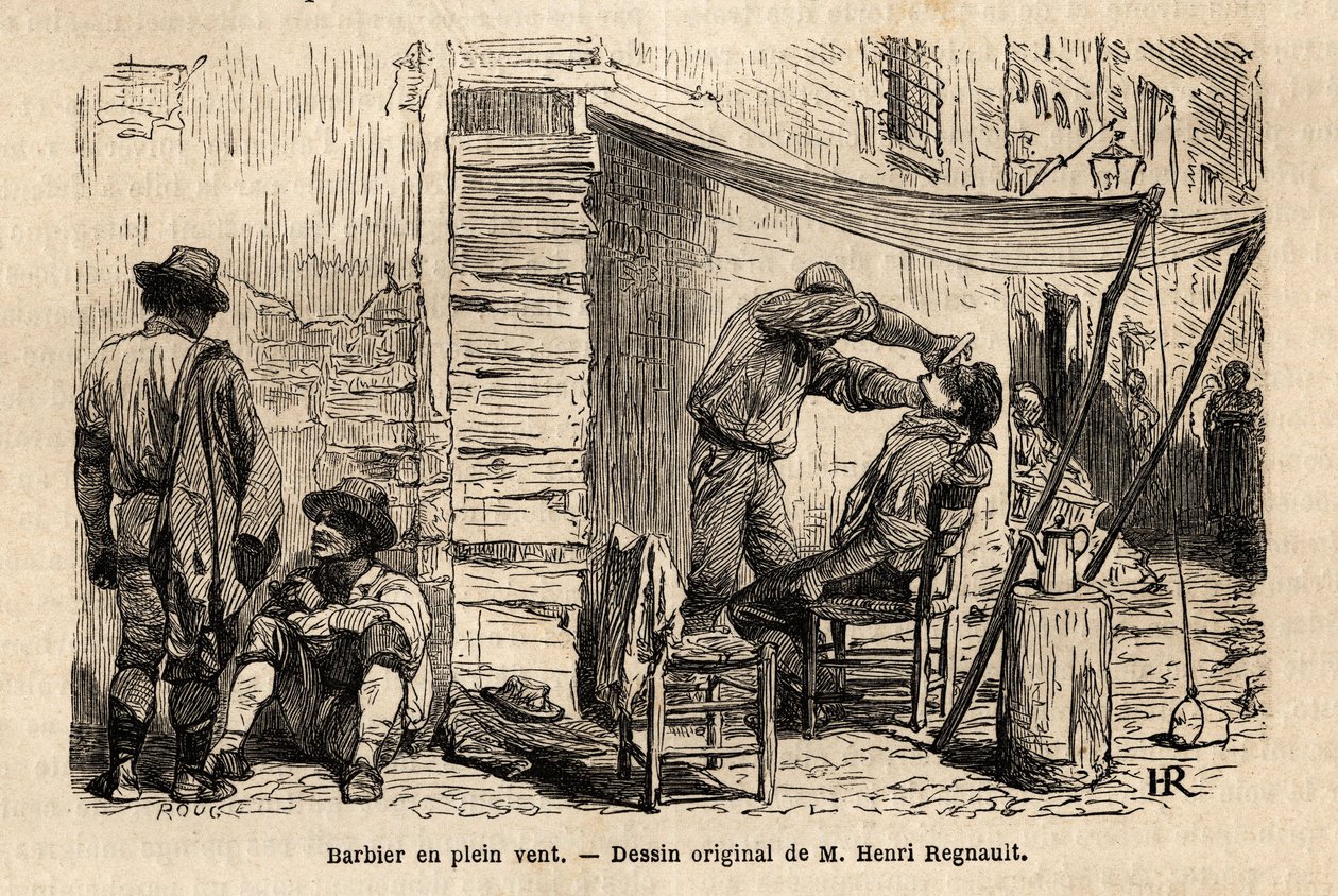 Holič ve větru v ulicích Říma. Rytina pro ilustraci plavby do Říma od Francise Weye v letech 1864-1868, publikovaná v „Le tour du monde, nouveau journal des voyages“, pod vedením Edouarda Chartona od Unknown artist