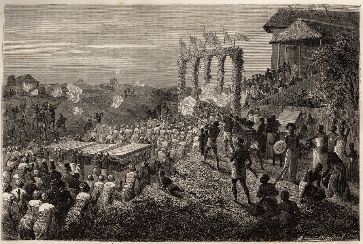 Svatební průvod v Tete (Mozambik). Rytina pro ilustraci prvních plaveb Dr. Livingstonea do jižní Afriky v letech 1840 až 1856 v „Le tour du monde, nouveau journal des voyages““ vydaném pod vedením Edouarda Chartona od Unknown artist