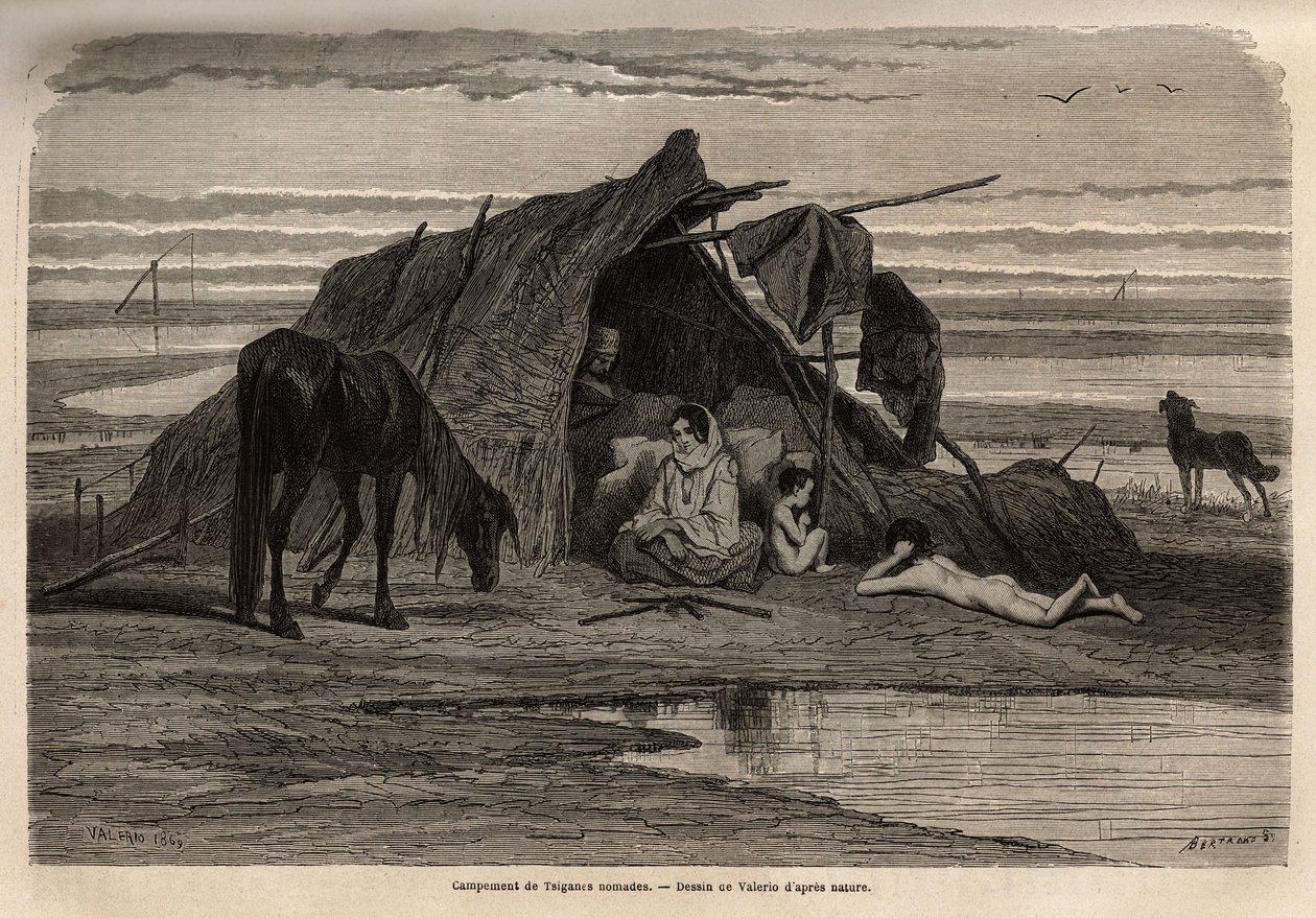Tábor kočovných cikánů na pláních severní Bosny. Rytina k ilustraci vzpomínek na cesty mezi jižními Slovany, od Georgese Perrota, v roce 1868, publikovaná v „“Le tour du monde““ 1870-1871, editoval Edouard Charton, vydání Hachette, Pari od Unknown artist