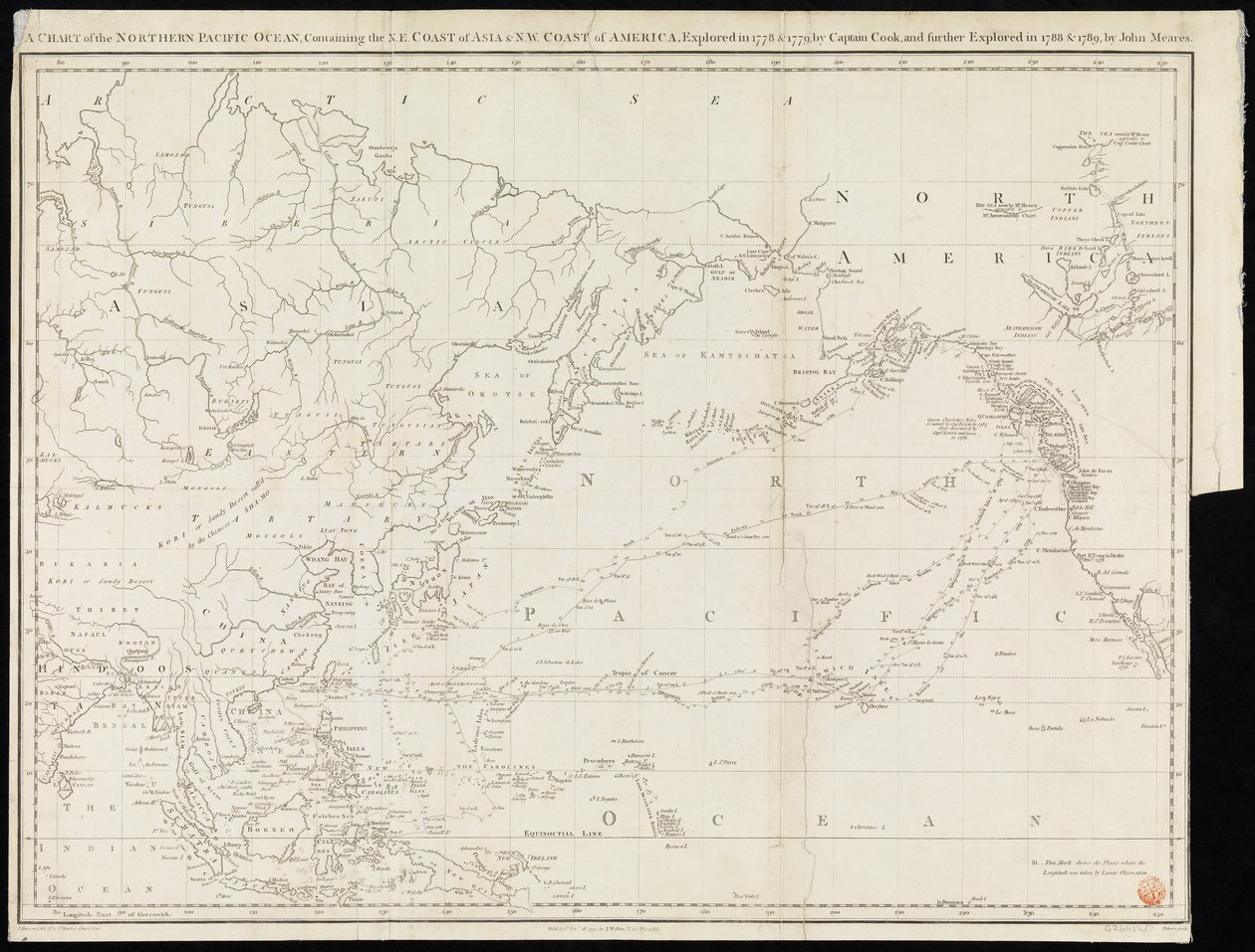 Mapa severního Tichého oceánu obsahující severní pobřeží Asie a severozápadní pobřeží Ameriky prozkoumané v letech 1778 a 1779 kapitánem Cookem a dále prozkoumané v letech 1788 a 1789 Johnem Mearesem (tisk) od Unknown artist