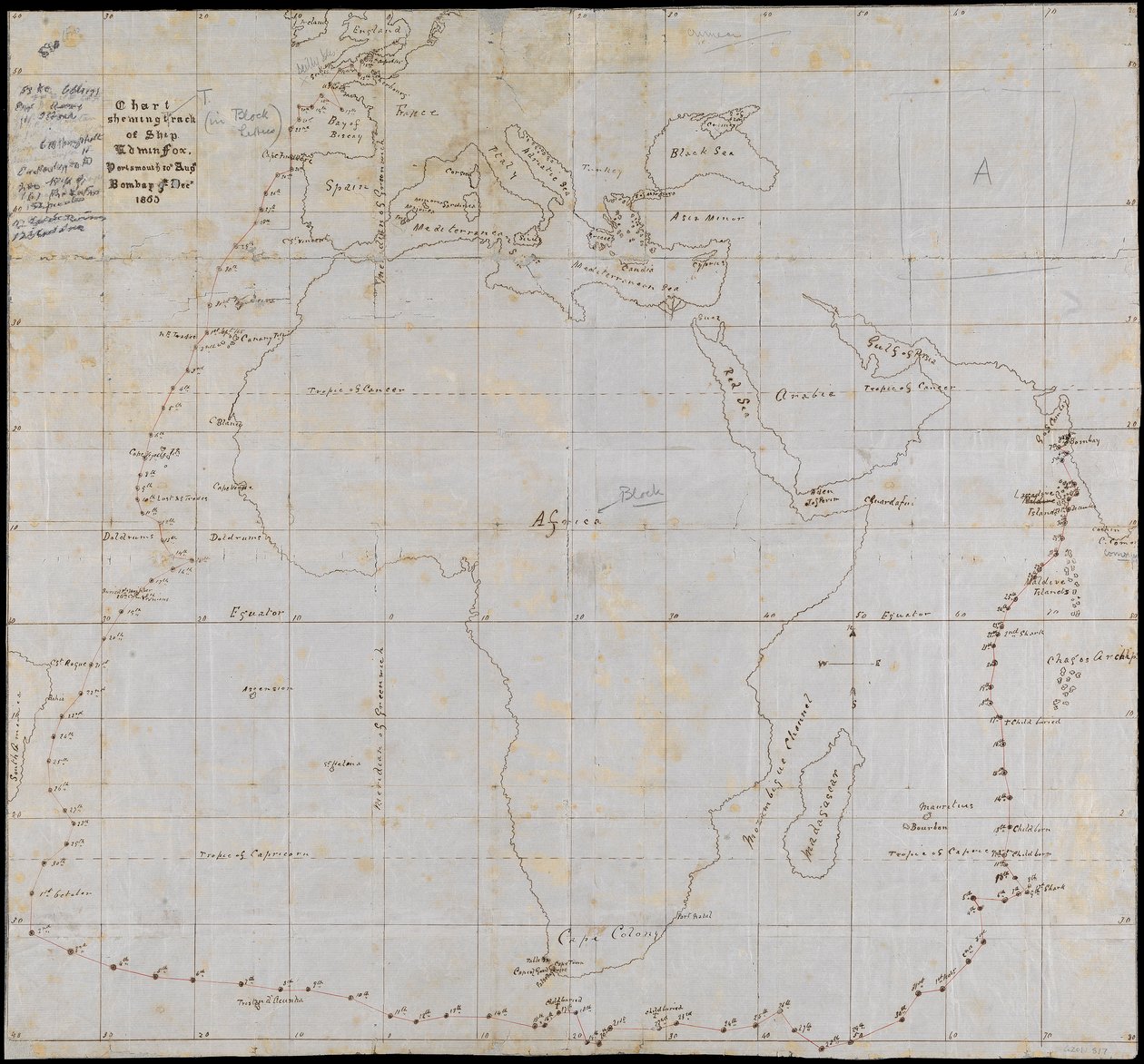 Mapa sledující plavbu lodi Edwin Fox z Portsmouthu od Unknown artist
