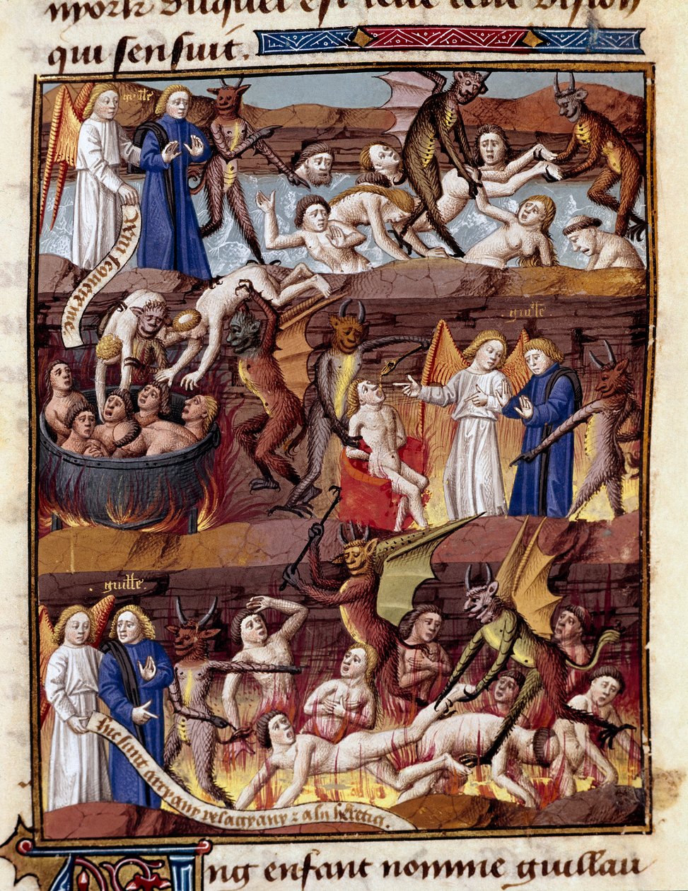 Dítě jménem Guillaume pozoruje muka zatracenců v Enfer Miniature v „“Le miroir historial““ (Speculum Historiale) (ms. 1196 fol. 408 r.) od Vincenta de Beauvais (1190-1264) přeloženého do francouzštiny Jeanem de Vignay od Unknown artist