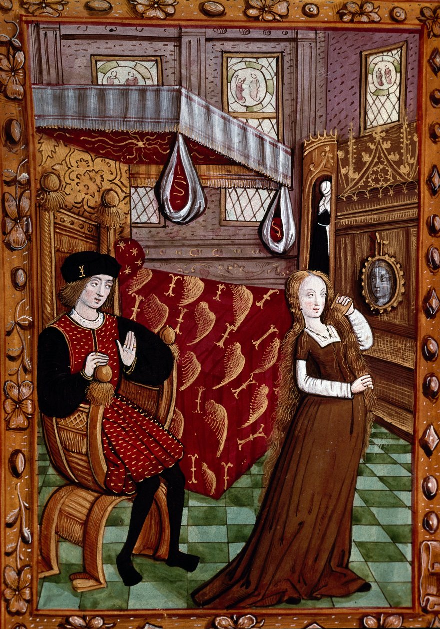 Pár v ložnici, žena obléká miniaturu z „Histoire de Jean III de Brush et de son manželka Louise de Laval““ (ms. 1475, fol. 6r) Chantilly, Musee Conde od Unknown artist