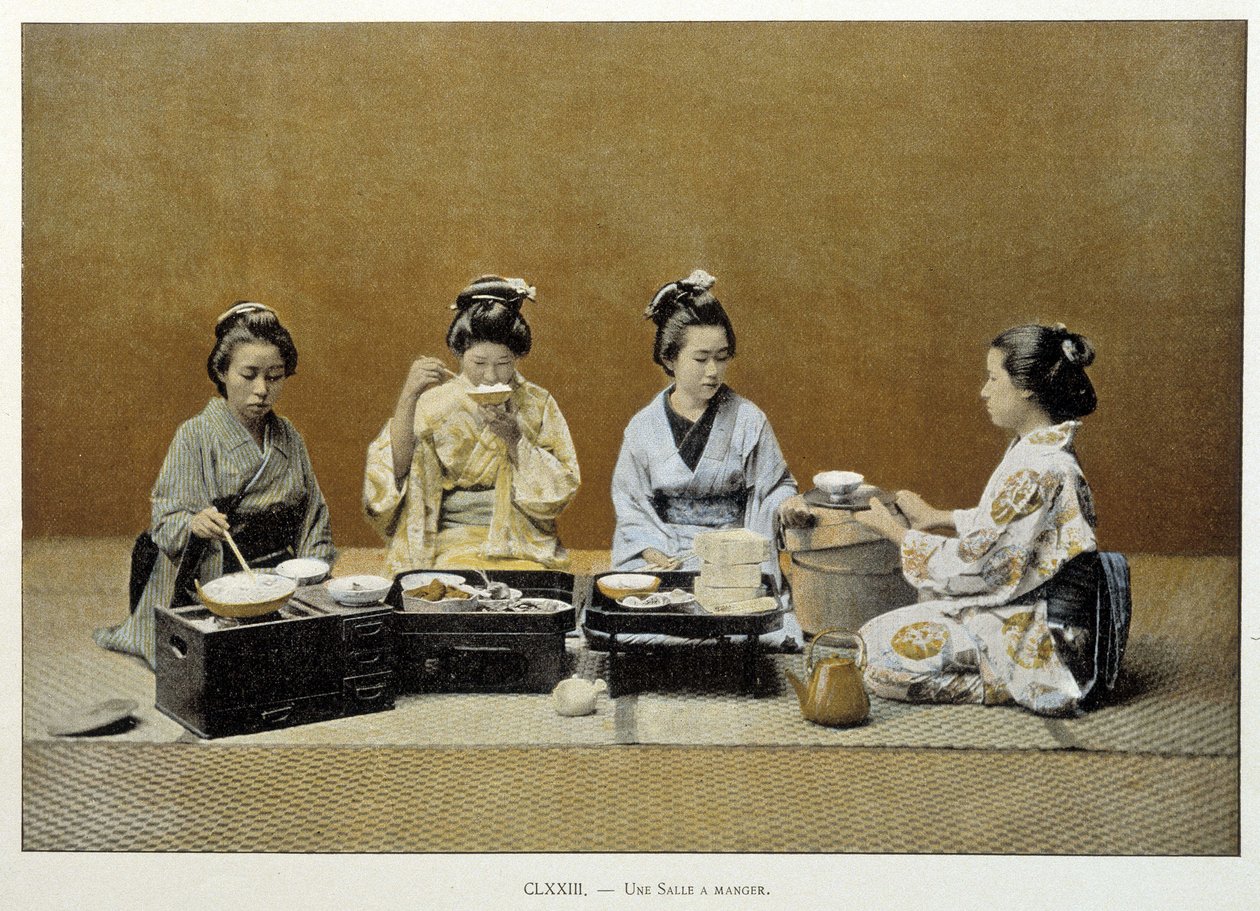 Jídelna v Japonsku: ženy jedí rýži hůlkami a jedna z nich podává čaj - n.d. koncem 19. století od Unknown artist