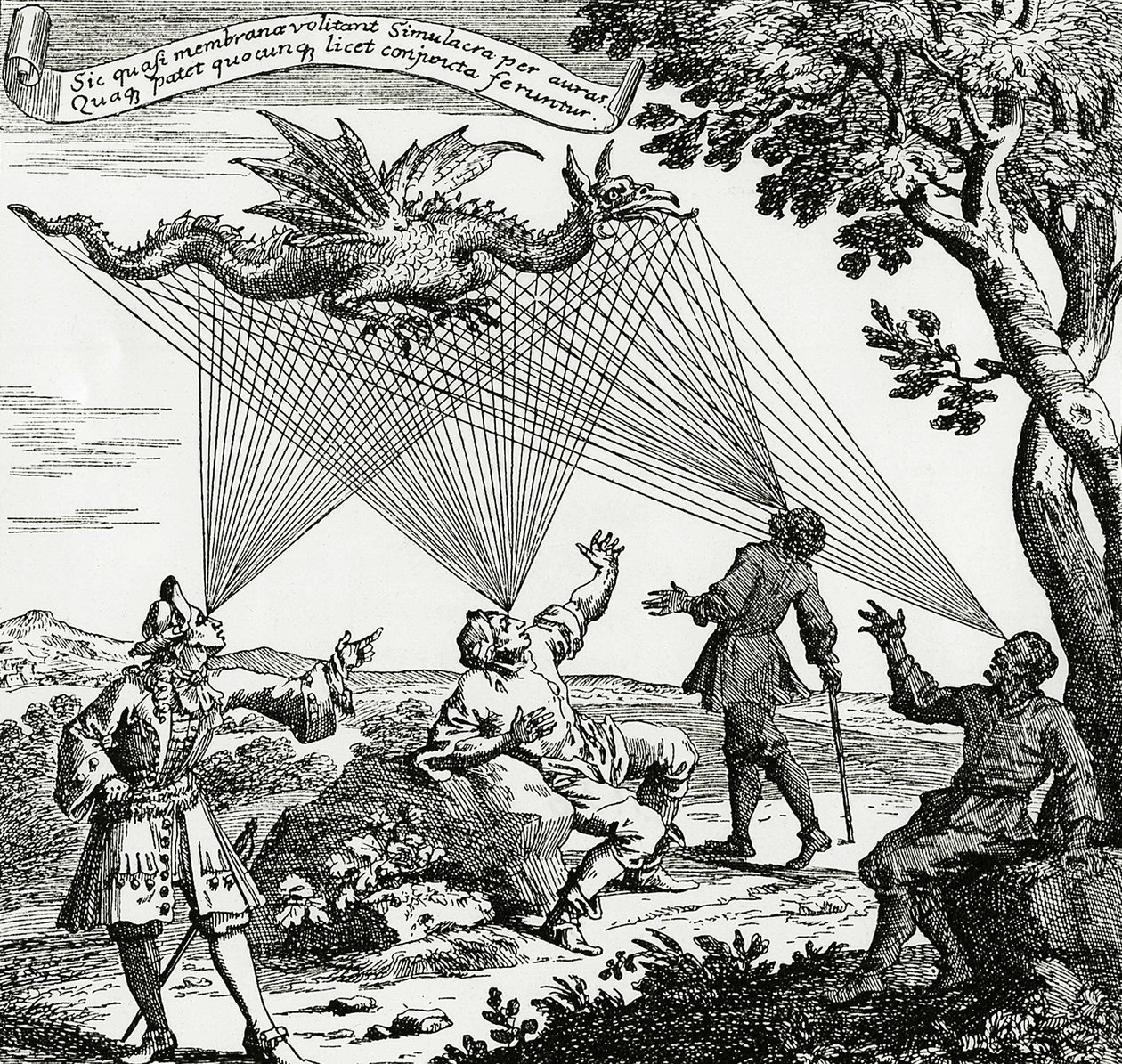 Drak viděný z různých úhlů pohledu, založený na mědirytině Zahnova „Oculus artificialis teledioptricus“. od Unknown artist