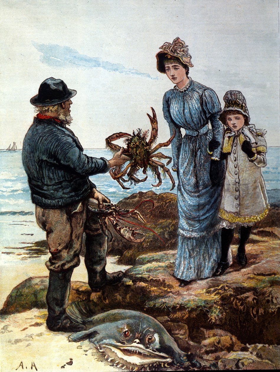 Rybář ukazuje matce a dceři velkého kraba. od Unknown artist