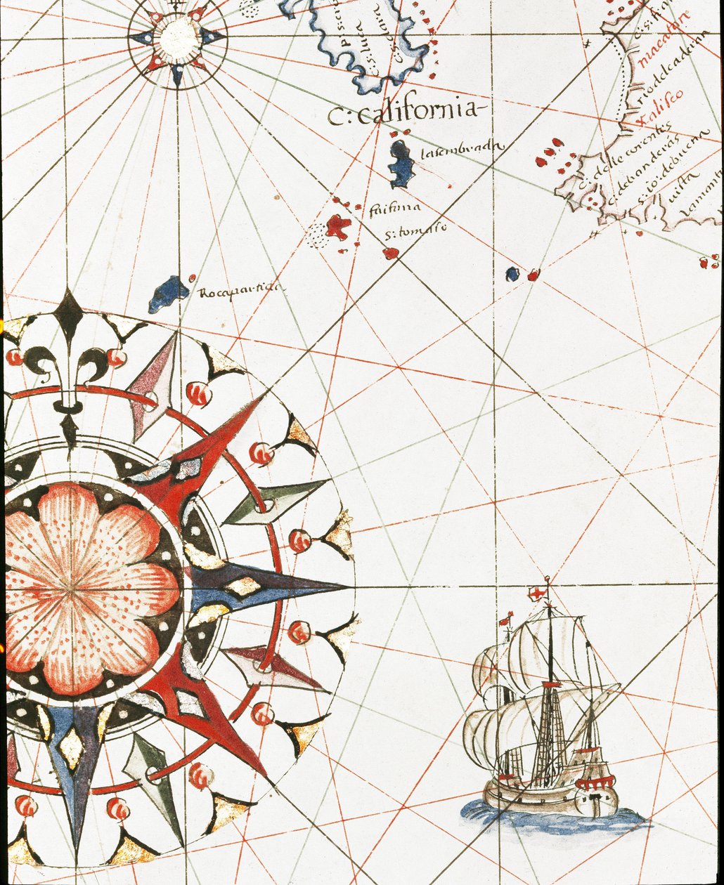 Galeona plující u pobřeží Kalifornie (Detail portulanu z Castellini od Unknown artist