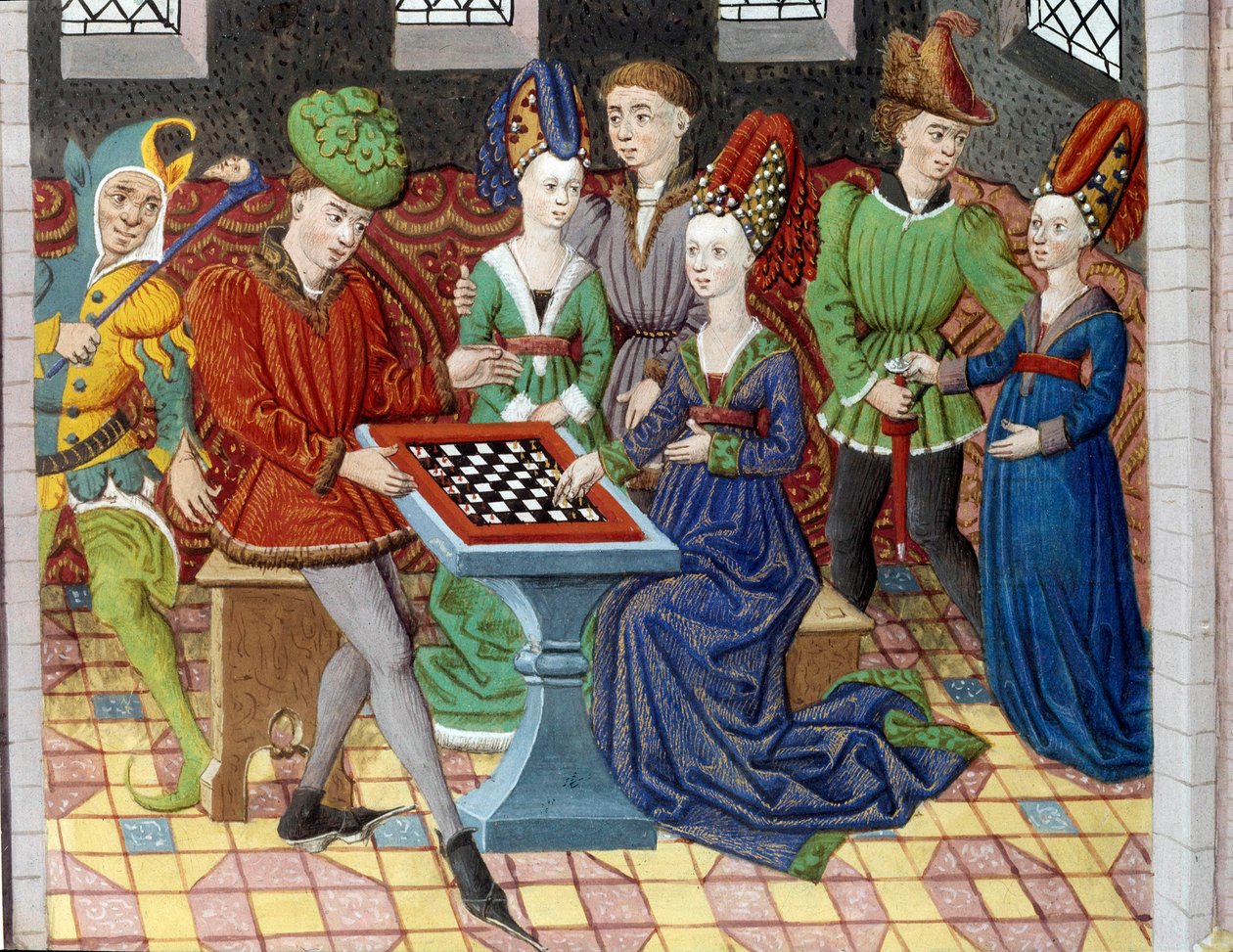 Šachová partie mezi dvěma dvořany v zámecké komnatě. Miniatura převzatá z „“Historie Alexandra Velikého““ (nebo Alexandra III. Makedonského (356–323 př. n. l.)) od Unknown artist