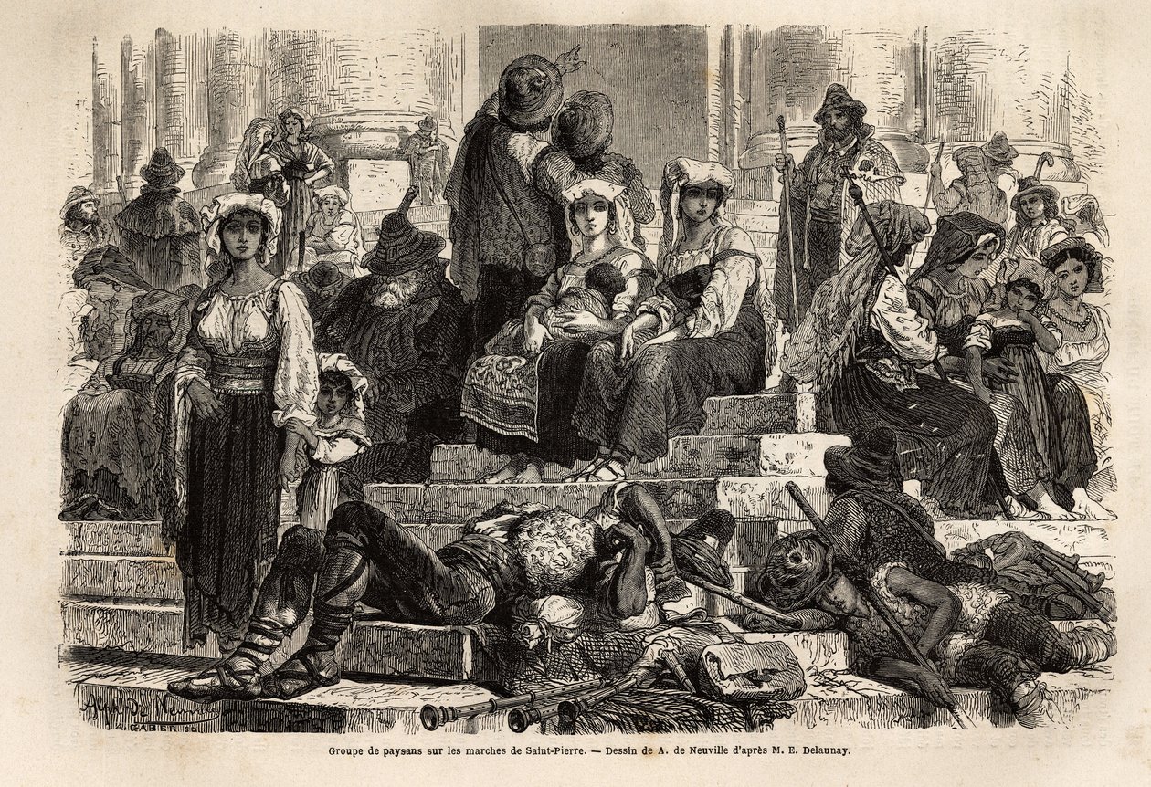 Skupina rolníků a pastýřů se schází k oslavě Svatého týdne na schodech svatého Petra ve Vatikánu. Rytina k ilustraci příběhu Svatého týdne v Římě v roce 1863 od Ludovica Cellera v „Le tour du monde, nouveau journal des voyages““ od Unknown artist