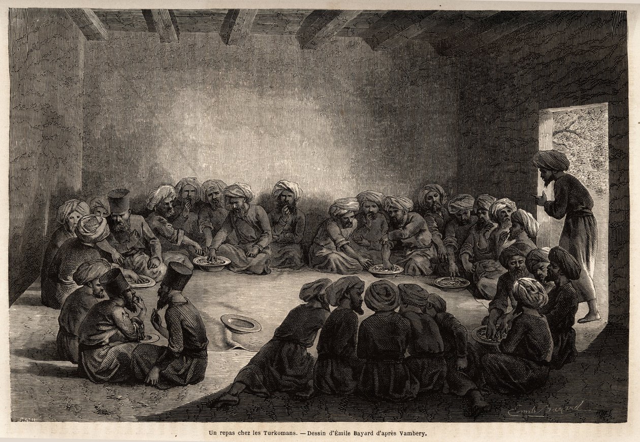 Jídlo u Turkomanů (Irák). Kresba Emila Bayarda (1837-1891) pro ilustraci cesty do Střední Asie v roce 1863 od Arminia Vamberyho (maďarského vědce v přestrojení za derviše). Rytina v „“Le tour du monde““, editoval Edouard Charton od Unknown artist
