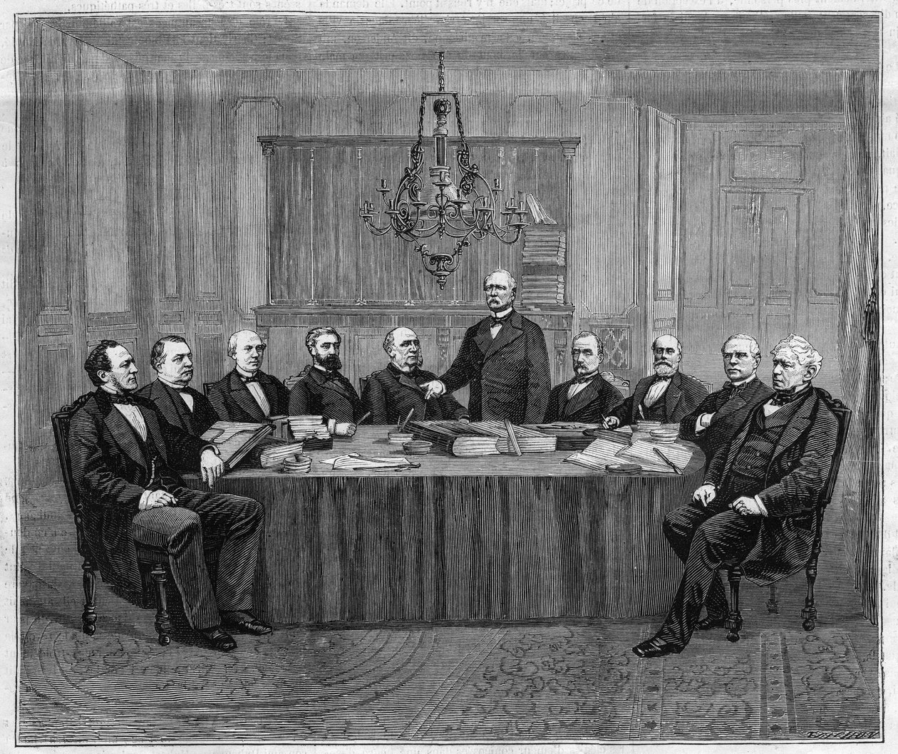 Zasedání Rady ministrů ve Versailles. Zleva doprava: Louis Buffet (1818-1898), ministr vnitra; Leon Say (1826-1896), ministr financí; Henri Wallon (1812-1904), ministr veřejného vyučování, bohoslužby a výtvarných umění; Alfréd od Unknown artist
