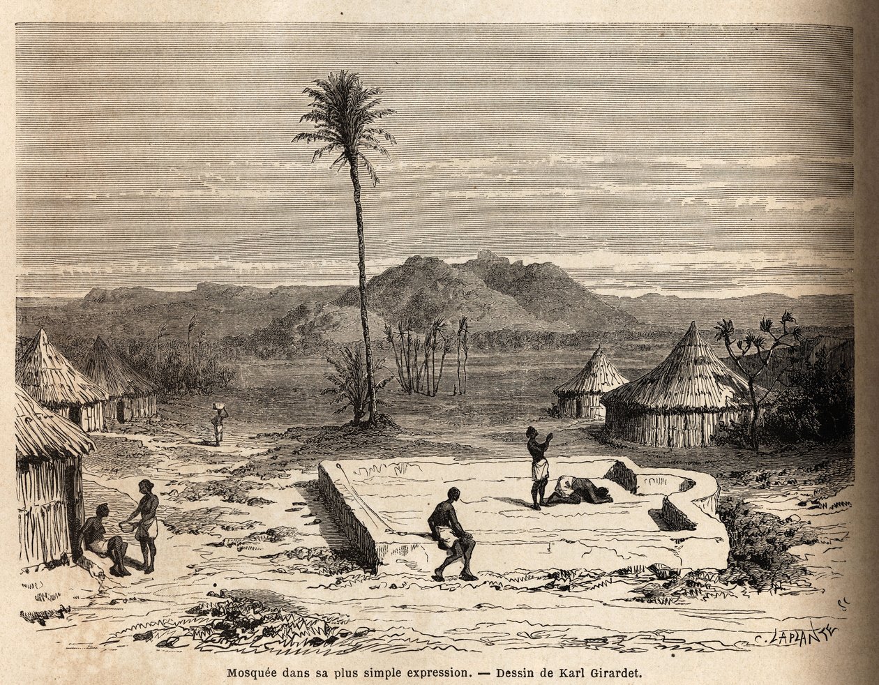 Mešita ve svém nejjednodušším výrazu ve vesnici poblíž Abu Hamed na břehu Nilu. Engravure pour illustrrer le voyage au Sudan oriental, en 1848-1860, de M. Tremmeaux, v „Le tour du monde, nouveau journal des voyages“, publikovaném pod přímým od Unknown artist