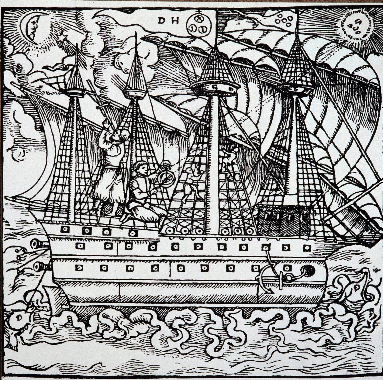 Navigátor na portugalské karavele pomocí astroláb. Rytina z cestopisných příběhů německého mořeplavce Hanse Stadena (1525-1579) od Unknown artist