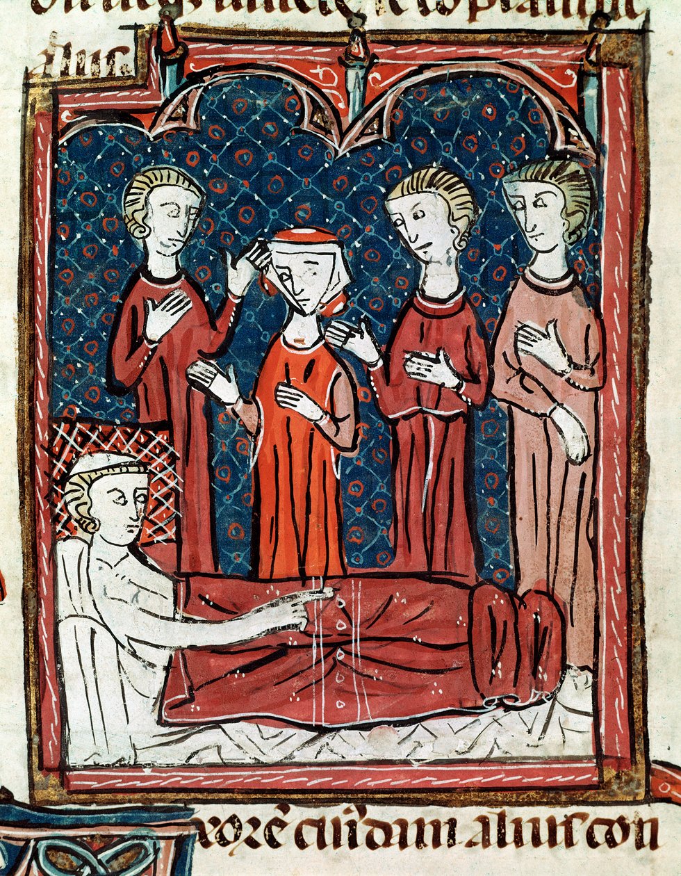 Pacient na lůžku obklopený lékaři (Miniatura od Unknown artist