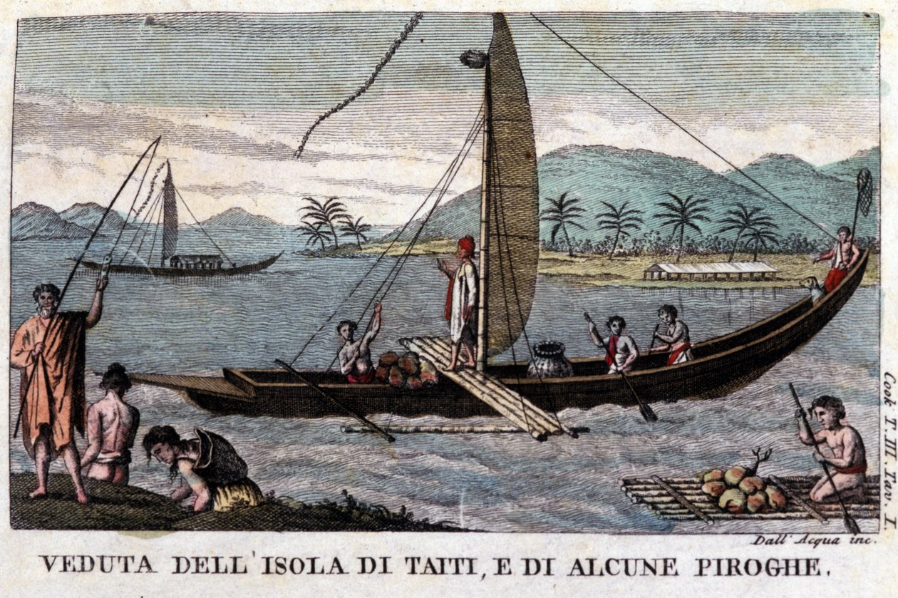 Polynéská houpací kánoe na Tahiti. Na palubě spoustu kokosu a chlebového ovoce. Litografie 19. století od Unknown artist