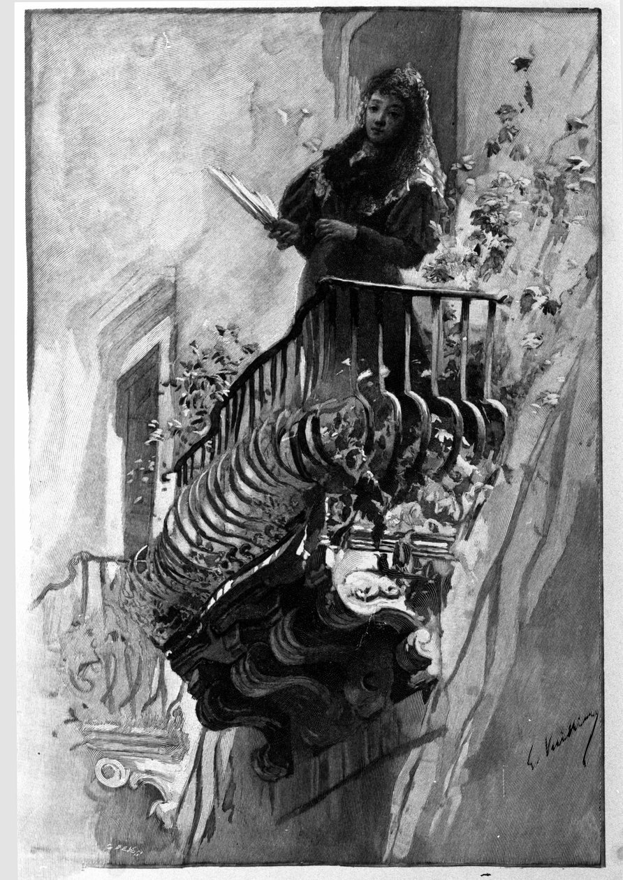 Hezká žena má jednoho letního večera v Syrakusách svůj rozkvetlý balkon. Sicílie Rytina z 19. století od Unknown artist