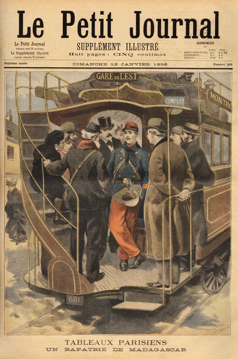 Repatriant z Madagaskaru na omnibusovém nástupišti, obklopený obdivuhodným davem. Rytina v “” Le petit journal”” 26.1.1896. Selva sbírka. od Unknown artist