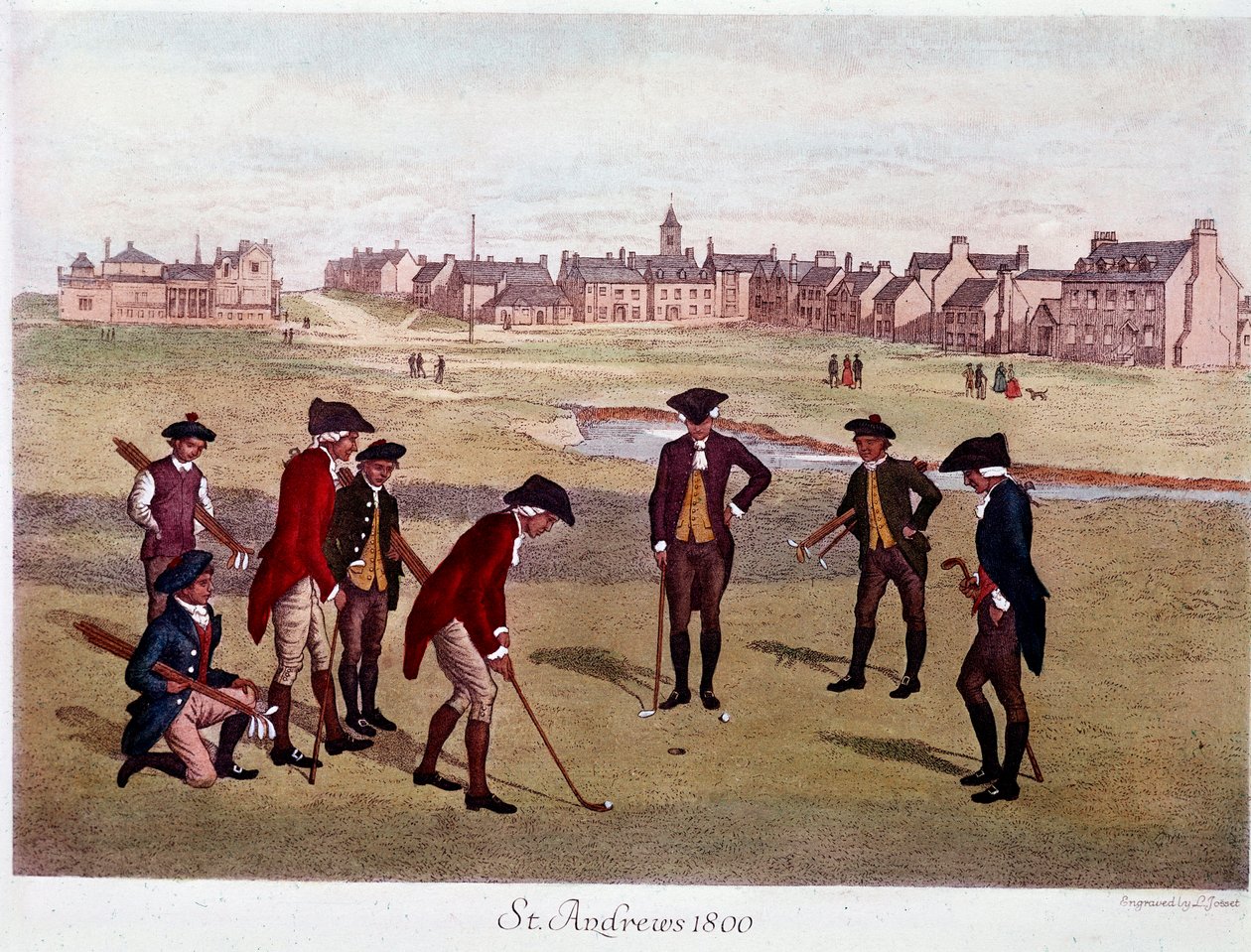 Golfové kolo s britskými gentlemany v St. Andrews ve Skotsku v roce 1800, kde tato hra vznikla. Litografie Paříže 19. století, dekorativní umění od Unknown artist
