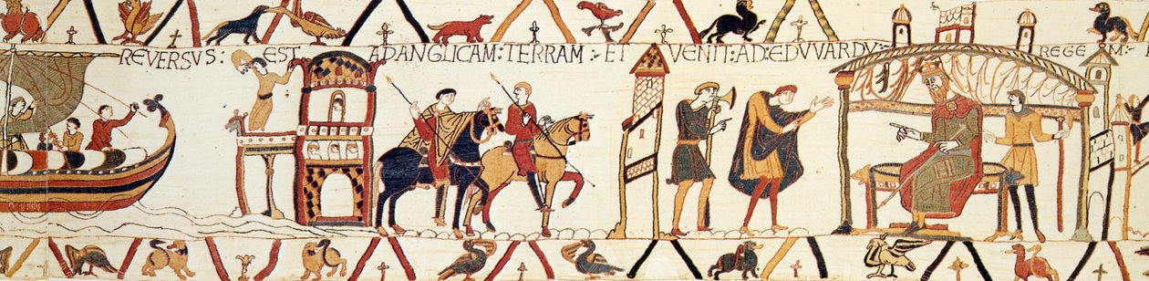 Scéna z tapisérie z Bayeux zobrazující krále Edwarda, jak mluví s Haroldem od Unknown artist