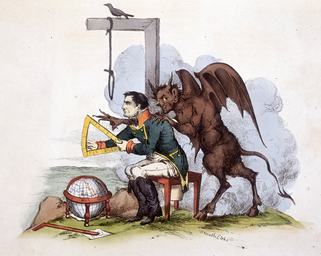 Scéna na ostrově Elba: Napoleon před šibenicí s čertem - v „“ Napoleon 1., karikatury, sbírka figurín“, c. 1814 od Unknown artist
