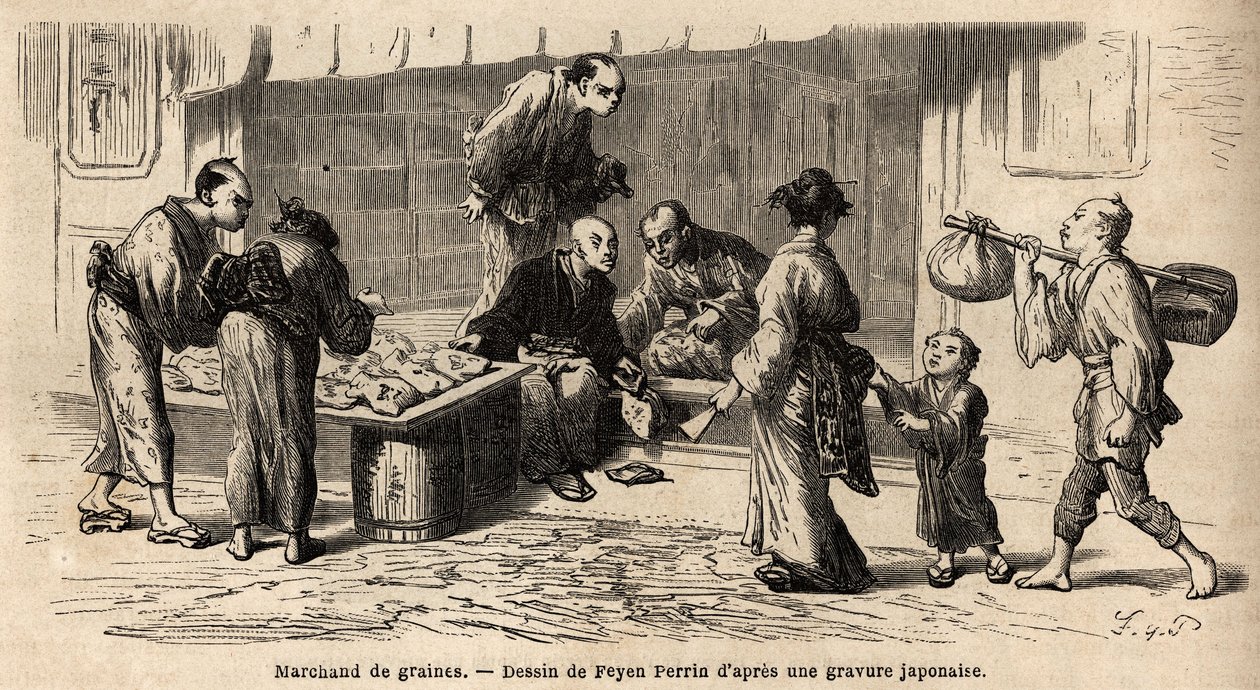 Prodejce semen uprostřed ulice. Rytina pro ilustraci plavby do Japonska v letech 1863-1864 od Aime Humberta, ministra Švýcarské konfederace, v „Le tour du monde, nouveau journal des voyages““ vydaném pod vedením Edouarda Chartona od Unknown artist