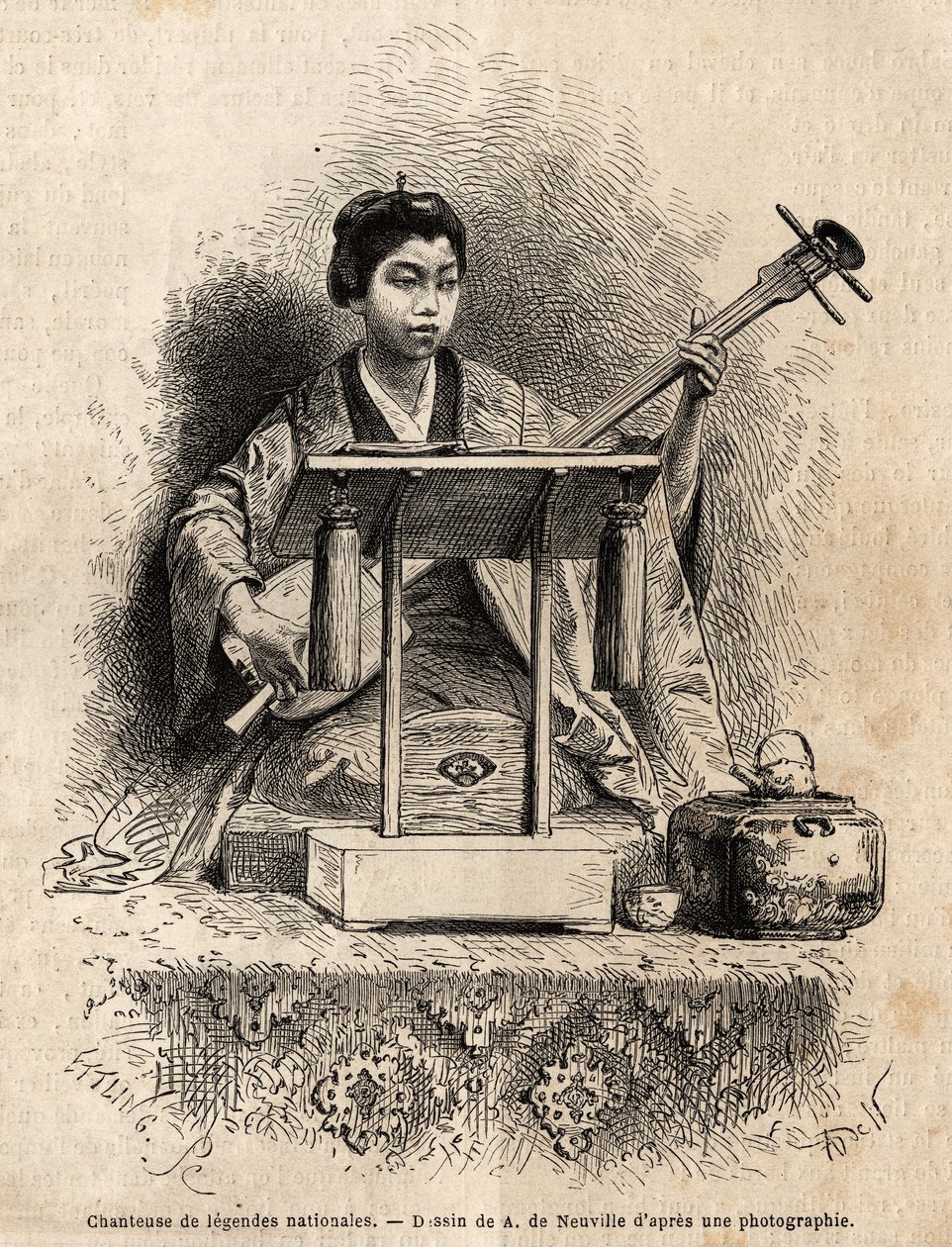 Zpěvačka národních legend, která hraje šamisen jako doprovod své písně, sedí za svým stolem. Rytina k ilustraci plavby do Japonska v letech 1863-1864 od Aime Humberta, ministra Švýcarské konfederace, v „Le tour du monde, nouveau journal des voyage od Unknown artist