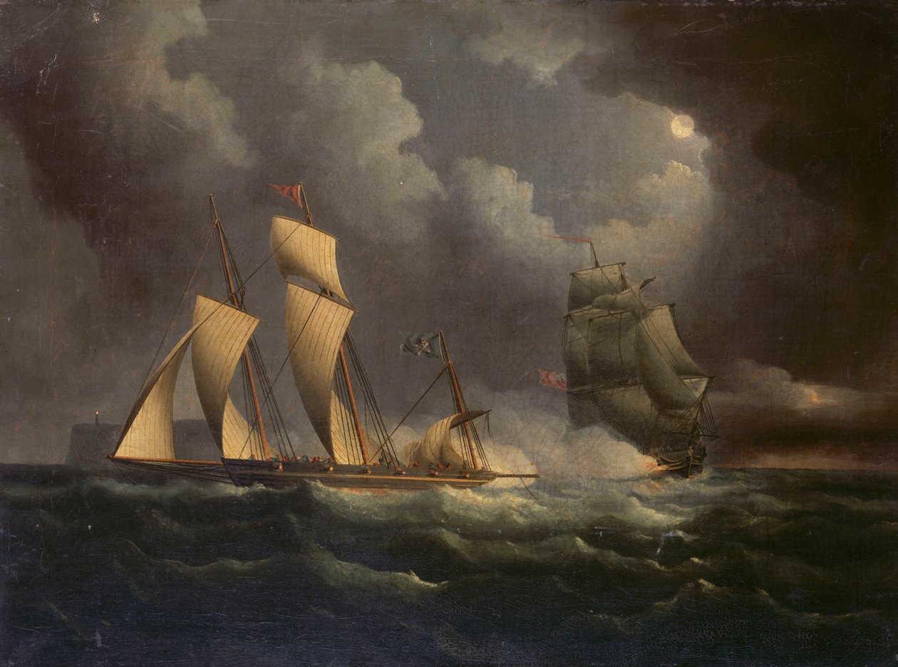 Pašerácká loď pronásledovaná námořní brigou, asi 1825 (olej na plátně) od Unknown artist