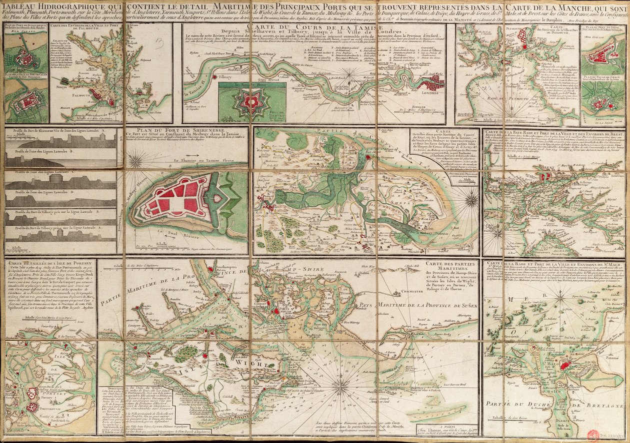 Tabulka s údaji o hlavních námořních přístavech, které jsou zobrazeny na mapě Lamanšského průlivu, cca 1780 (papír, plátno) od Unknown artist
