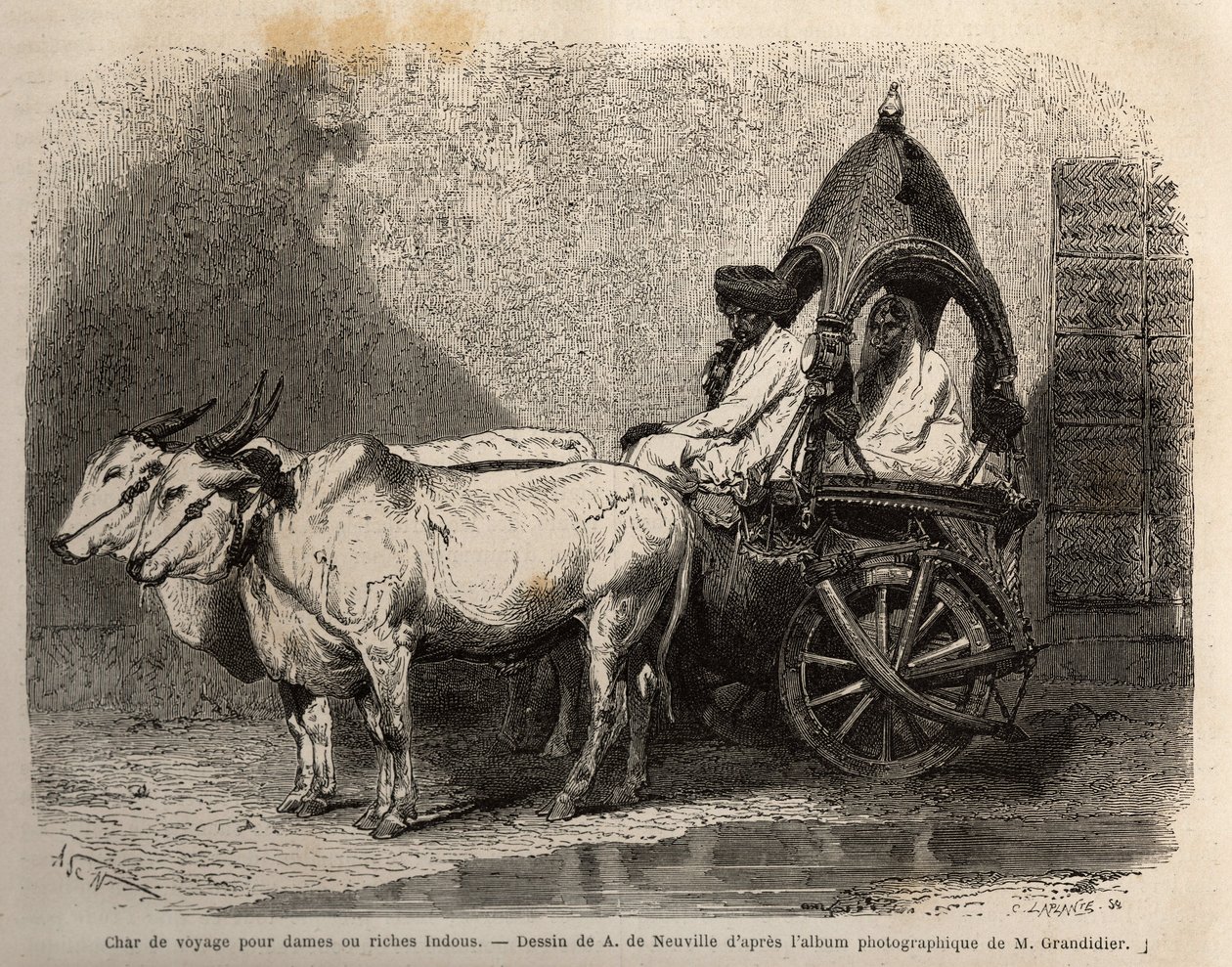 Cestovní tank odpalovaný dvěma bílými voly, pro dámy nebo bohaté hinduisty. Rytina pro ilustraci plavby v poledníkových provinciích Indie od Alfreda Grandidiera v letech 1862-1864, publikovaná v „” le tour du monde””, pod vedením D
