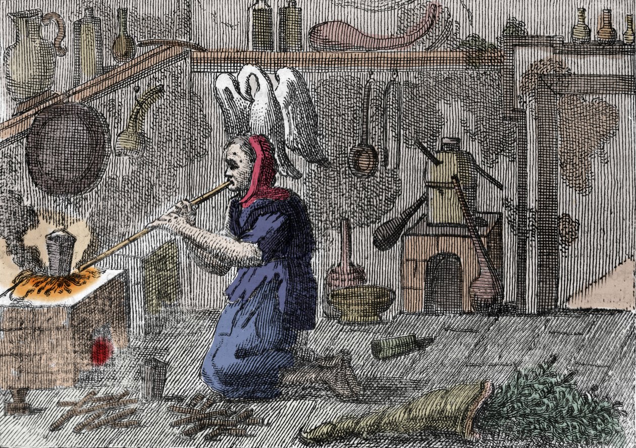 Čarodějnice ve své laboratoři připravuje kouzelný lektvar, přímo roh plný kouzelných bylin. Rytina 16. století od Unknown artist
