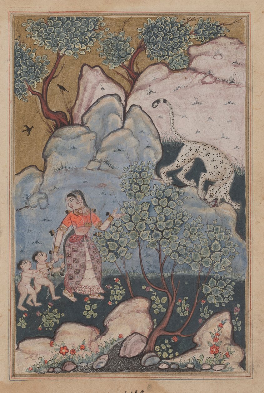 Žena se dvěma dětmi, která opustila svůj domov, jde do lesa, kde se setká s leopardem, z Tuti-nama (Příběhy papouška: Třicátá noc) od Unknown artist