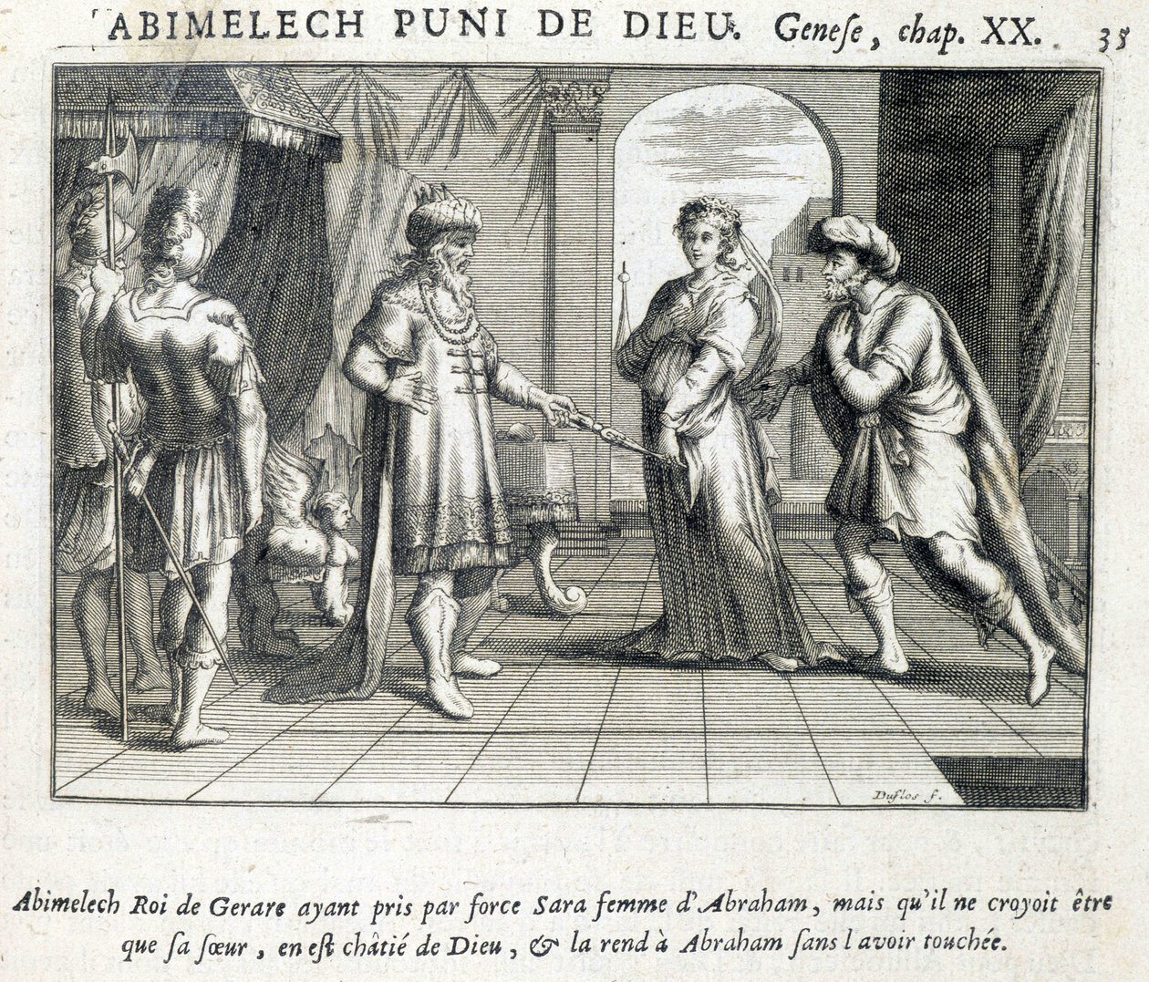 Abimelech dává Sáru Abrahamovi - Bible, rytina od Unknown artist