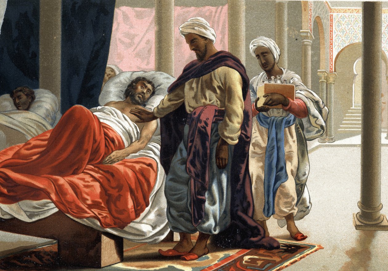 Abulcasis (Abul Qasim ibn Khalaf al-Abbas al-Zahrawi (936 - 1013 n. l.) pečující o nemocného ve Španělsku kolem roku 1000. podle „La Ciencia y sus Hombres““ od Louise Figuiera. Barcelona 1881 od Unknown artist