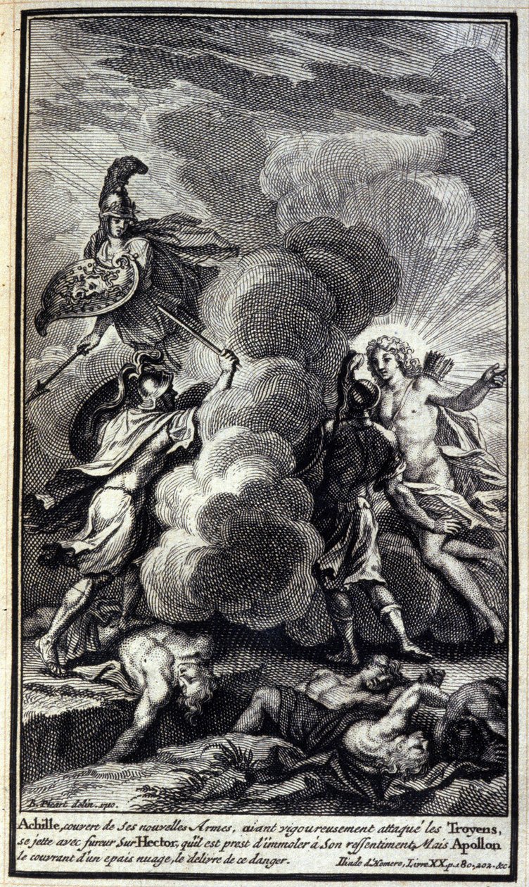 Achilles, zakrytý svými novými zbraněmi, důsledně zaútočil na Trojany, se vzteky vrhl na Hectora, kterého byl připraven ke své nelibosti zabít, ale Apollo ho zakryl hustým mrakem, aby toto nebezpečí způsobil. Ilustrace knihy od Unknown artist