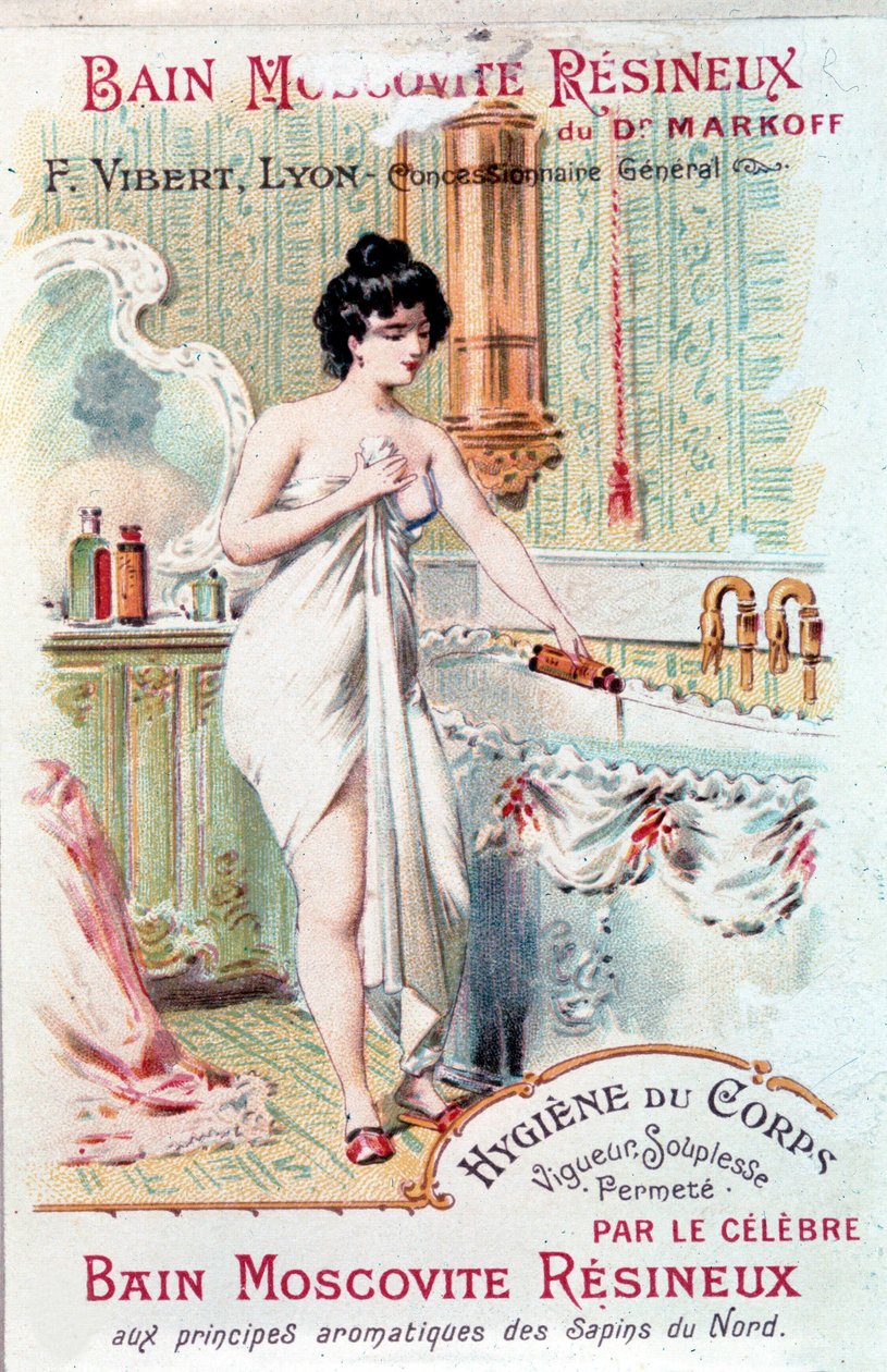 Reklama na koupel Muscovite Resineux, na hygienu těla: Mladá žena si nalila koupelový olej do vany. 1890. od Unknown artist
