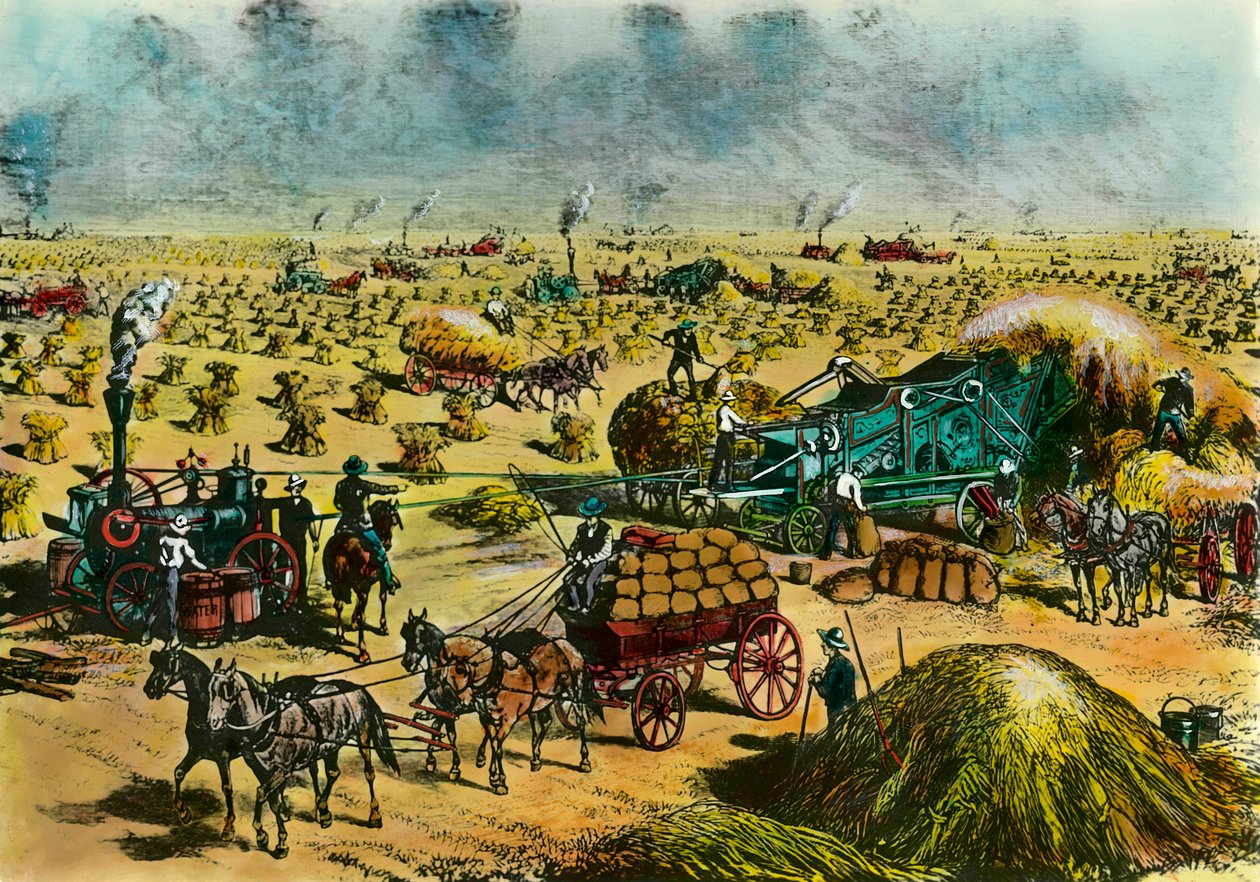 Zemědělská revoluce: sklizeň pšenice v Dakotě parními stroji v 19. století. Rytina 19. století. Paříž, dekorativní umění od Unknown artist
