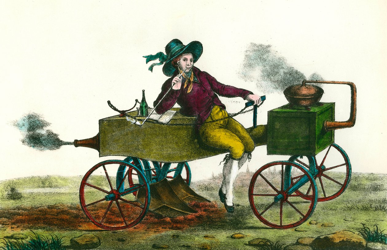 Zemědělství: scéna orby s parním strojem v roce 1834. Anonymní rytina z roku 1834. Soukromá sbírka od Unknown artist