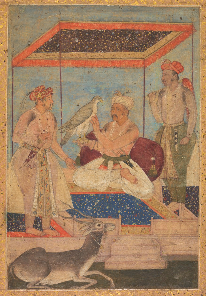 Akbar a Jahangir prozkoumají sokola Ghira, zatímco princ Khusrau stojí za ním od Unknown artist