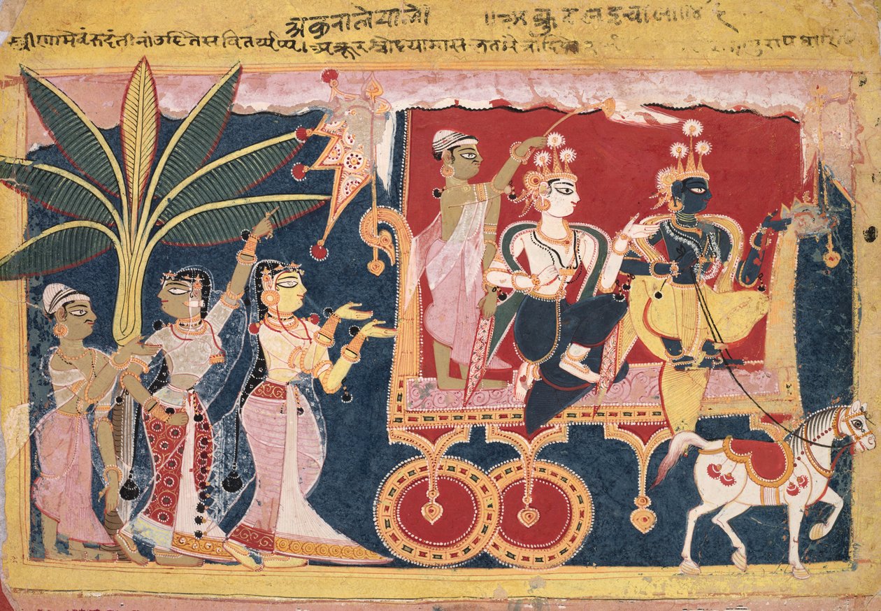 Akrur vozí Krišnu a Balrámu do Mathury (Isarda Bhagavata Purana) od Unknown artist