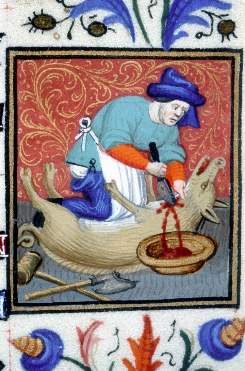 Alegorické znázornění prosince. Řezník zabije prase. Miniatura rukopisu ze 14. století. od Unknown artist