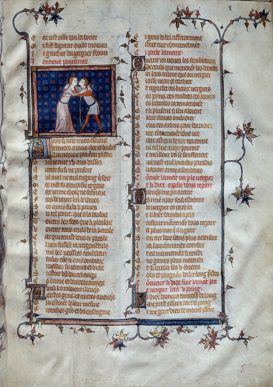 Alegorie miniatury mládí v „“Roman de la rose““ od Jean de Meun, Jean de Meung nebo Jean Chopinel, Jean Clopinel (c.1240-1305), kolem 1370. Paříž, Bibliotheque Sainte Genevieve od Unknown artist