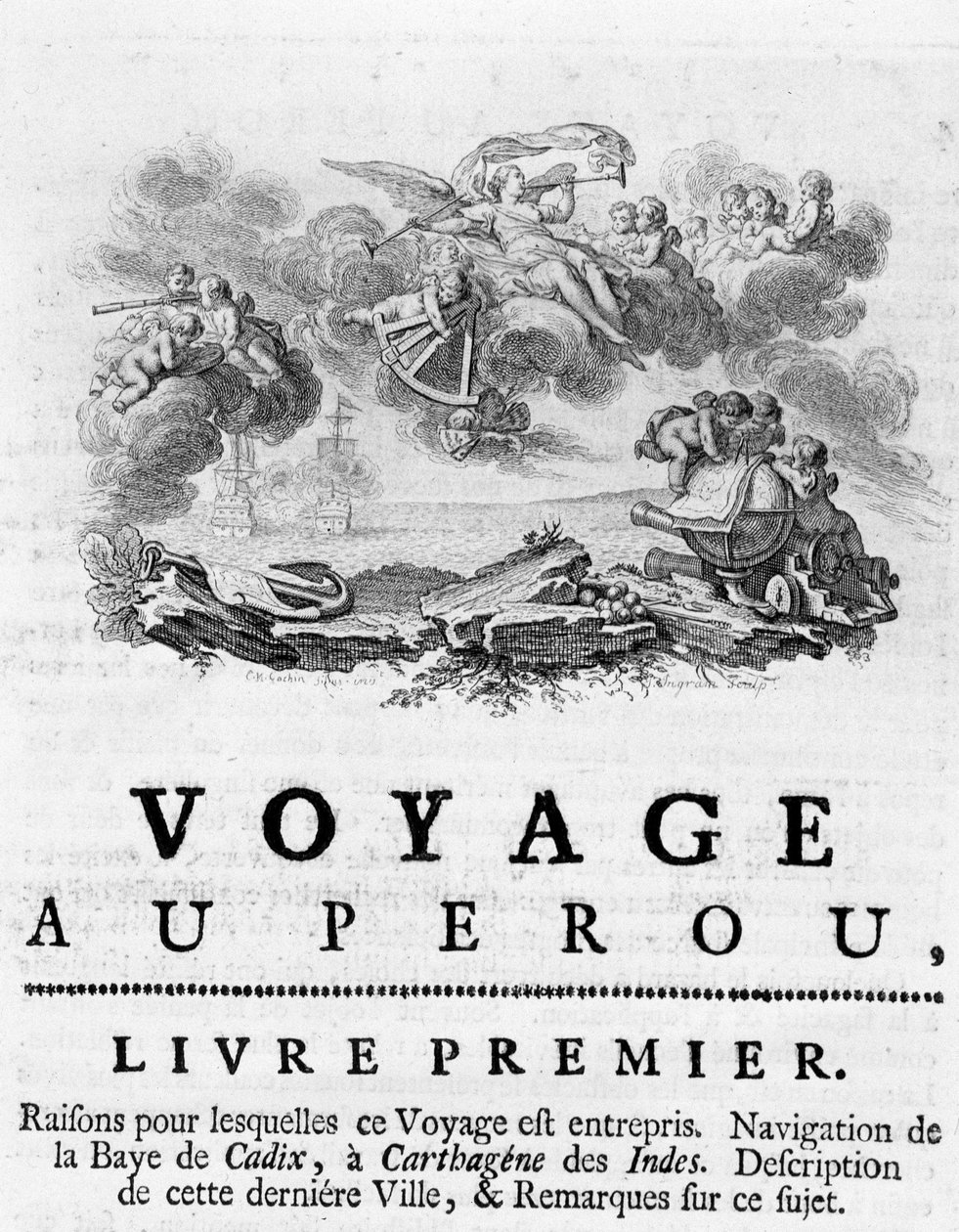 Alegorie „cesty do Peru““. Ilustrace v „“Historická cesta Ameriky Meridionale provedená Řádem španělského krále””, od dona Georgese Juana a dona Antoina de Ulloa, Librairie du Roi, Paříž od Unknown artist