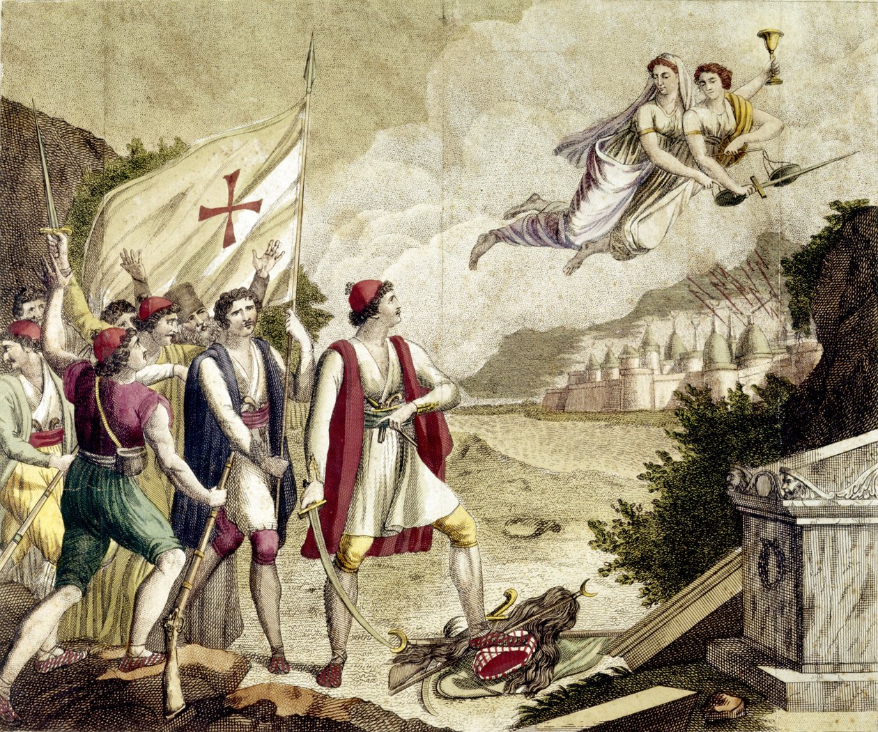 Alegorie znovuprobuzení nacionalistického cítění Řecka pod osmanskou nadvládou, které vedlo k řecké válce za nezávislost (1821-1830) nebo řecké revoluci. od Unknown artist