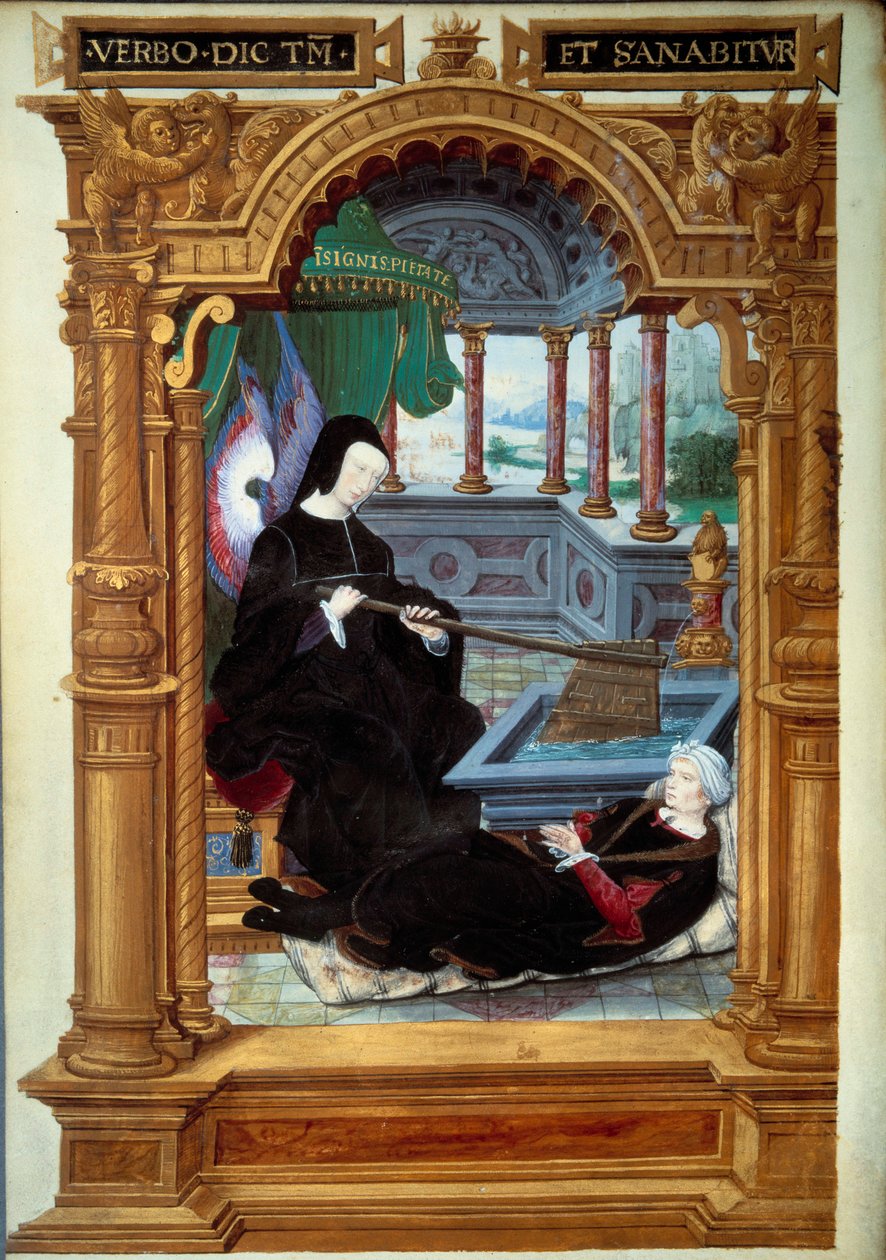 Alegorie regentství Louise de Savoie (1476-1531), matky Františka I., představovala držení kormidla a nošení andělských křídel. Autor rukopisu mu leží u nohou. Miniatura převzata z „Geste de Blanche de Castille““ od Etienna Le Bl od Unknown artist