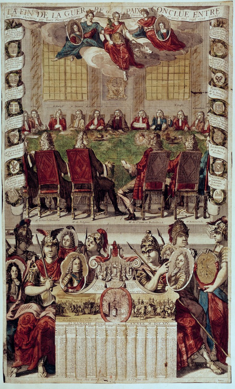 Almanach: reprezentace Utrechtské smlouvy ukončující válku o španělské dědictví podepsané ve Francii (kardinál z Polignacu) a Anglii dne 11. dubna 1713. 1714. Paříž, B.N. od Unknown artist