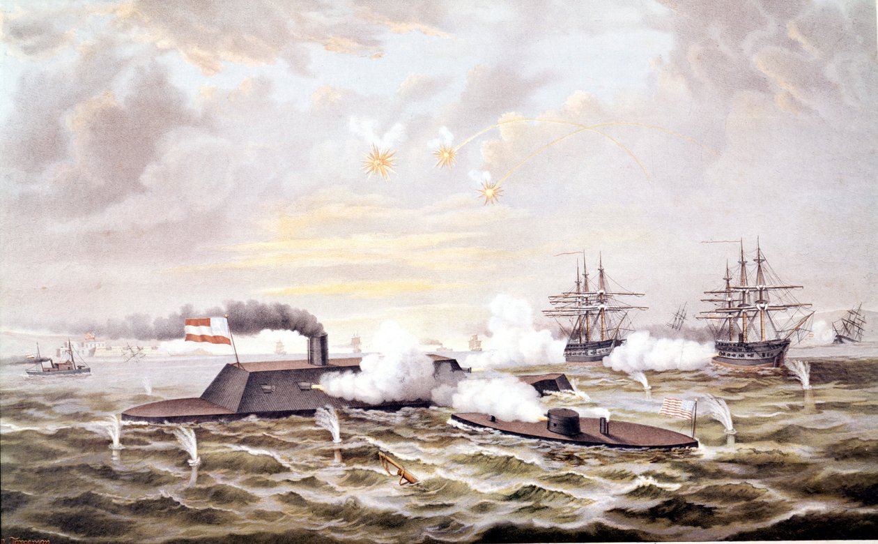 Americká občanská válka (1861–1865): Námořní bitva u Hampton Roads (Virginia) 8.–9. března od Unknown artist